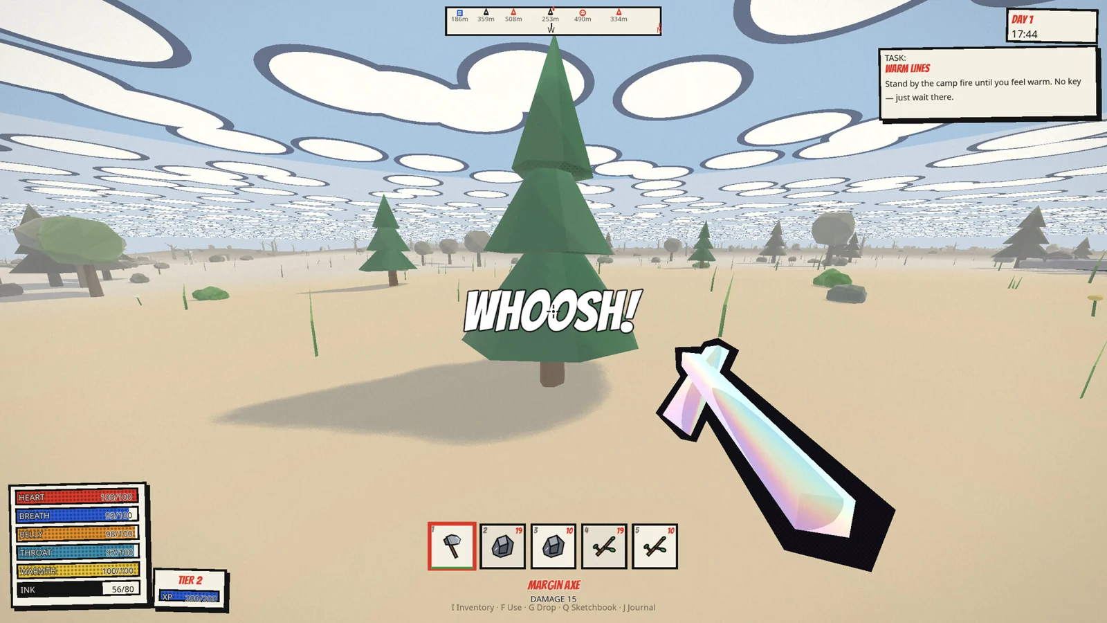 A player holding an outlined axe beneath the patterned sky of INKBORN’s comic world