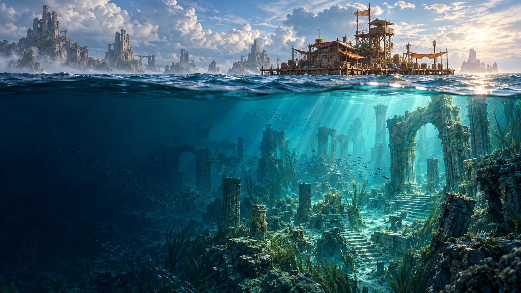 Tidewrack-inspired world art showing a raft settlement above submerged ruins